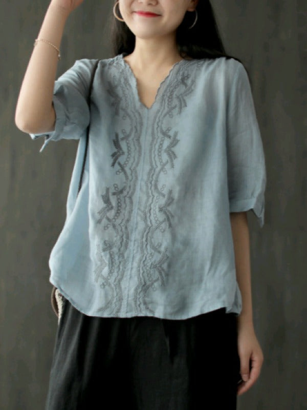 RAMIE LOOSE EMBROIDERED SOLID V-NECK SHIRT