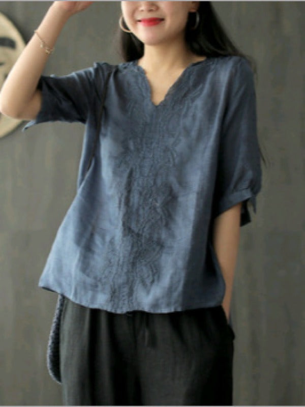 RAMIE LOOSE EMBROIDERED SOLID V-NECK SHIRT