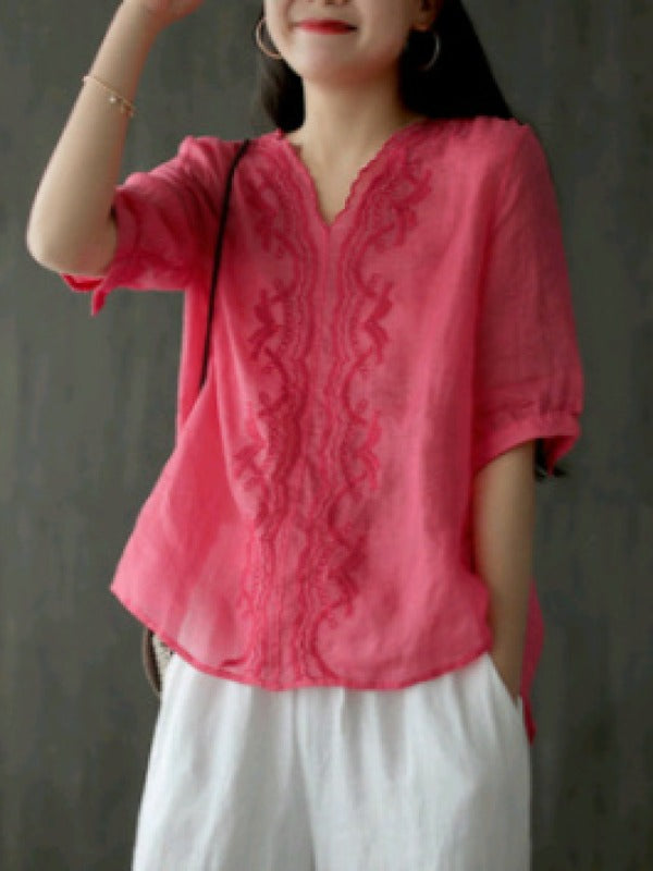 RAMIE LOOSE EMBROIDERED SOLID V-NECK SHIRT