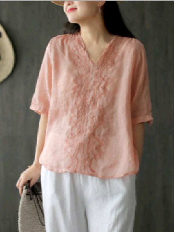 RAMIE LOOSE EMBROIDERED SOLID V-NECK SHIRT