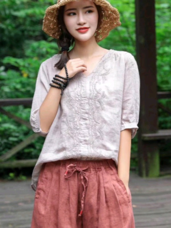 RAMIE LOOSE EMBROIDERED SOLID V-NECK SHIRT