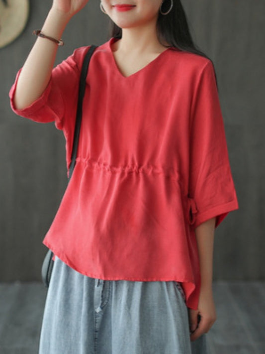 LOOSE VINTAGE DRAWSTRING SOLID T-SHIRT