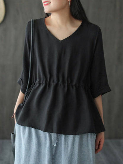 LOOSE VINTAGE DRAWSTRING SOLID T-SHIRT
