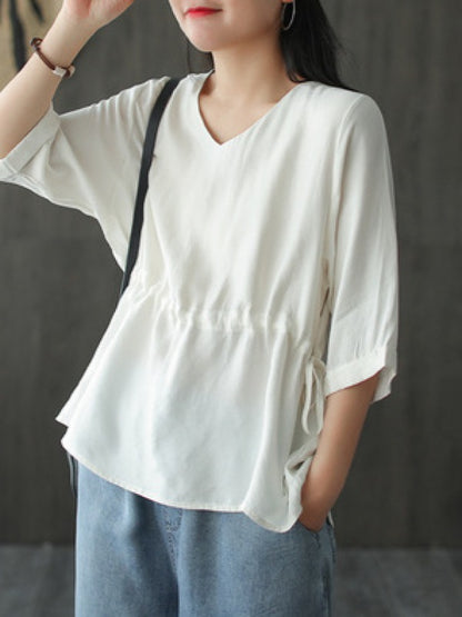 LOOSE VINTAGE DRAWSTRING SOLID T-SHIRT