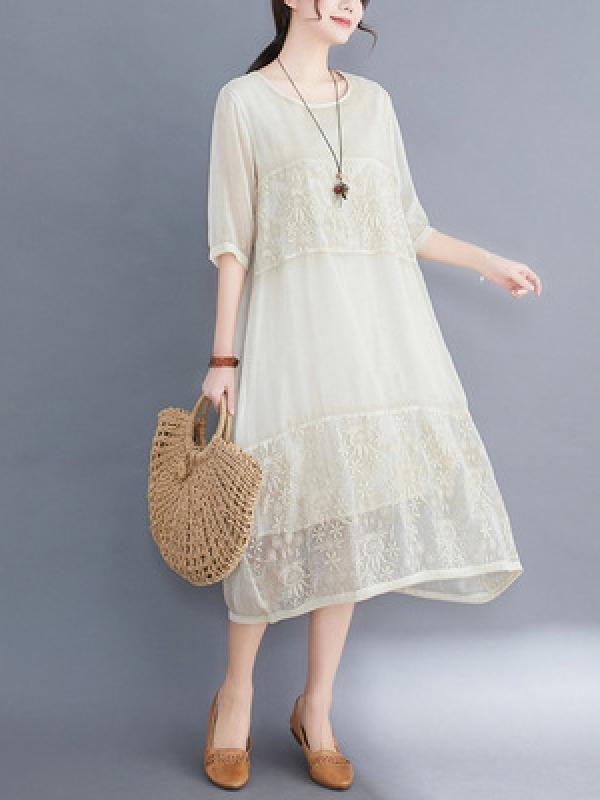 Loose Hollow Out Embroidered Midi Dress