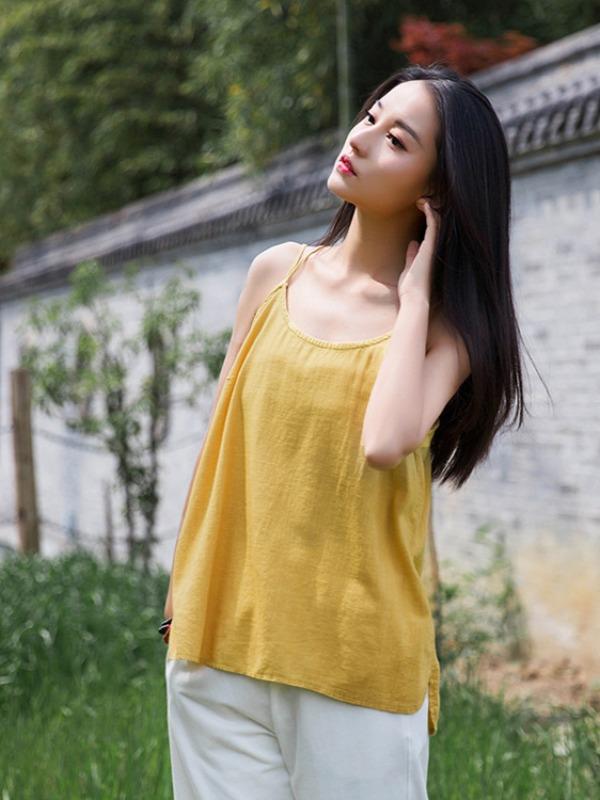 Simple Solid Linen High-Low Sleeveless Vest