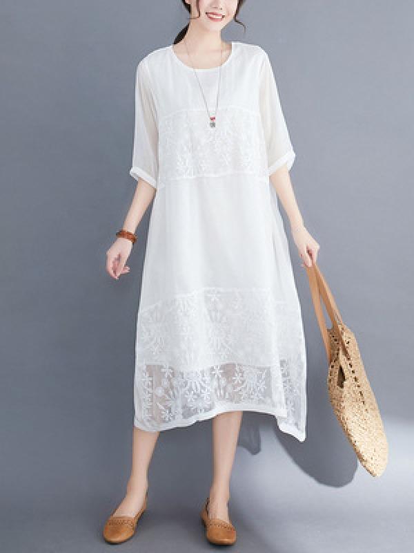 Loose Hollow Out Embroidered Midi Dress