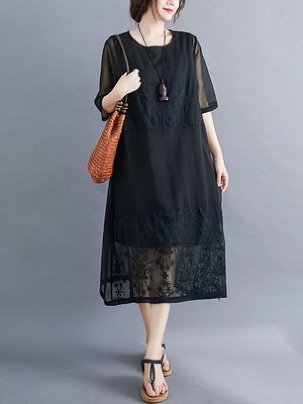 Loose Hollow Out Embroidered Midi Dress