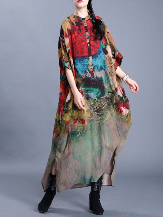 LOOSE PRINTED SILK SPLIT-SIDE MAXI DRESS