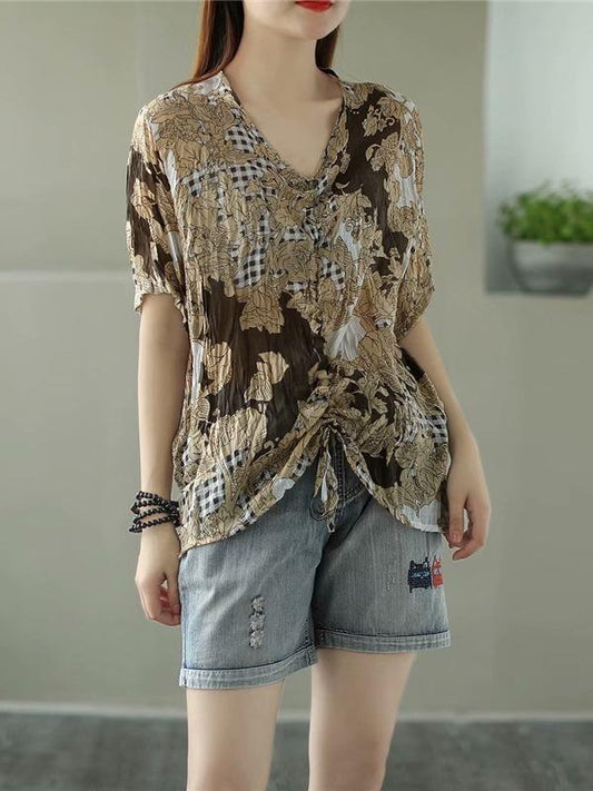 Casual Retro Printing Ramie T-Shirts