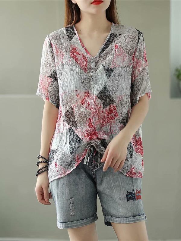 Casual Retro Printing Ramie T-Shirts