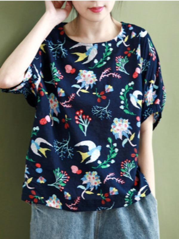 Vintage Flower Print Round Neck T-Shirt