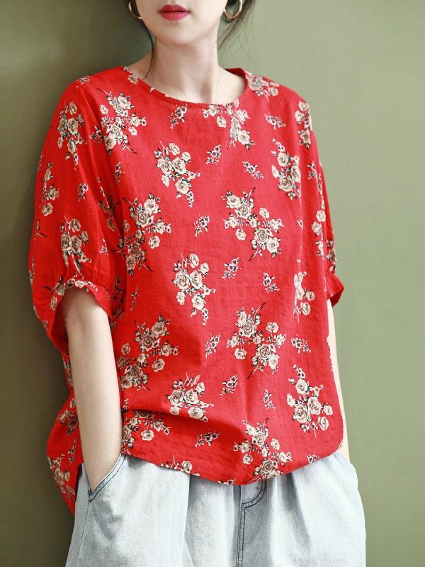Vintage Flower Print Round Neck T-Shirt