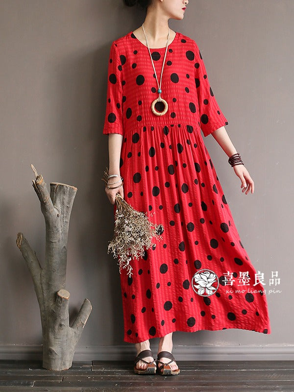 LOOSE SIMPLE POLKA-DOT COTTON LONG DRESS