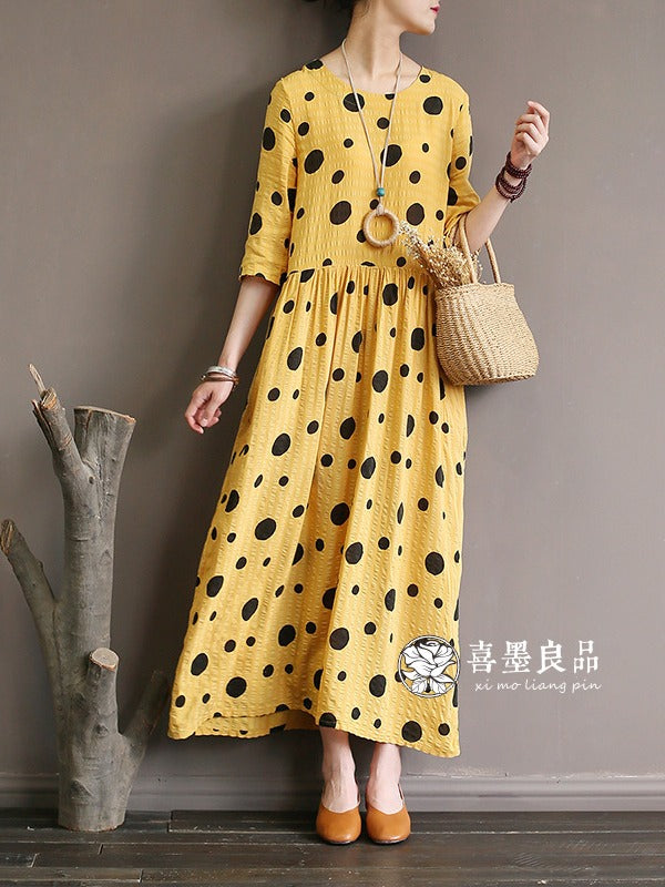 LOOSE SIMPLE POLKA-DOT COTTON LONG DRESS