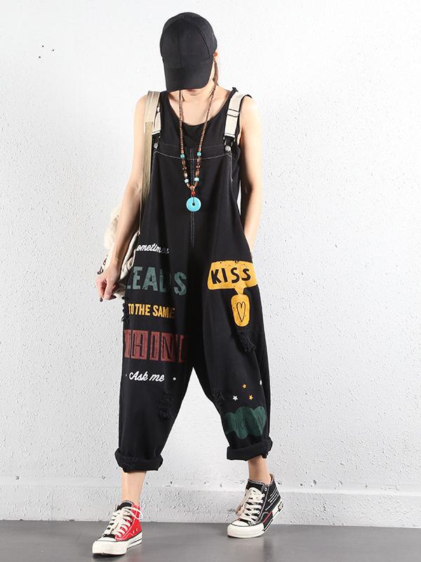 LOOSE LETTER PRINTED DENIM OVERALL JUMPSUITS