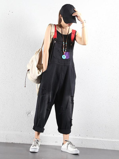 SOLID FRAYED HOLES SUSPENDER JUMPSUITS