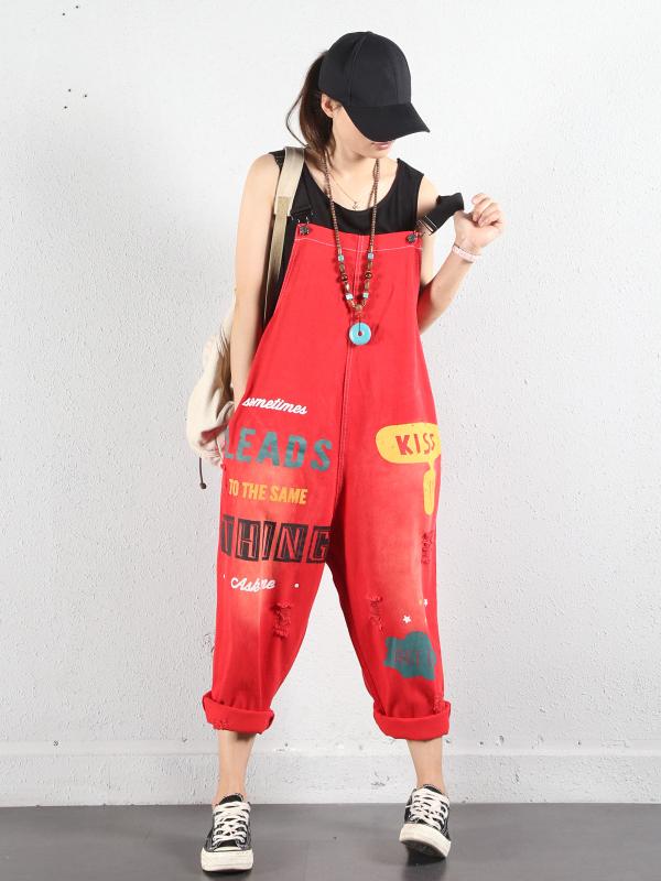 LOOSE LETTER PRINTED DENIM OVERALL JUMPSUITS