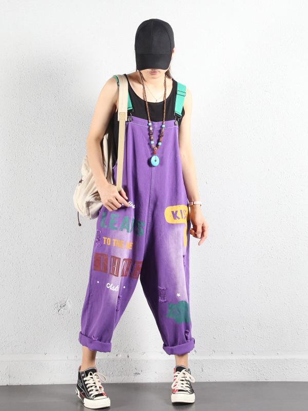 LOOSE LETTER PRINTED DENIM OVERALL JUMPSUITS