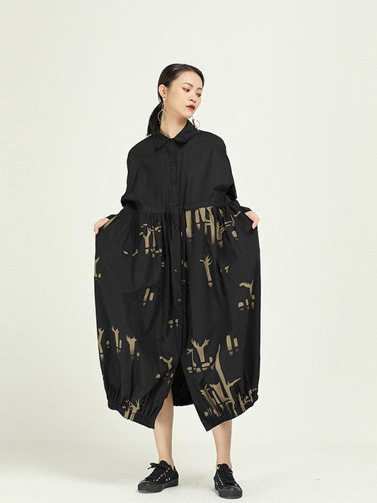 Vintage Splicing Print Drawstring Dress