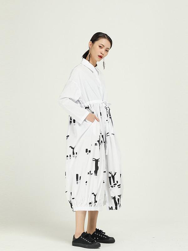 Vintage Splicing Print Drawstring Dress