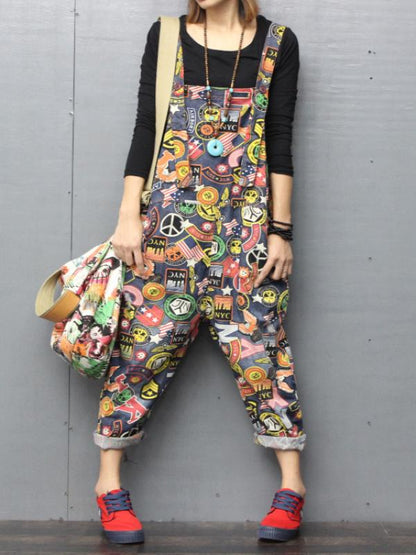 ORIGINAL COLORFUL CARTOON FLORAL PRINTED JUMPSUITS