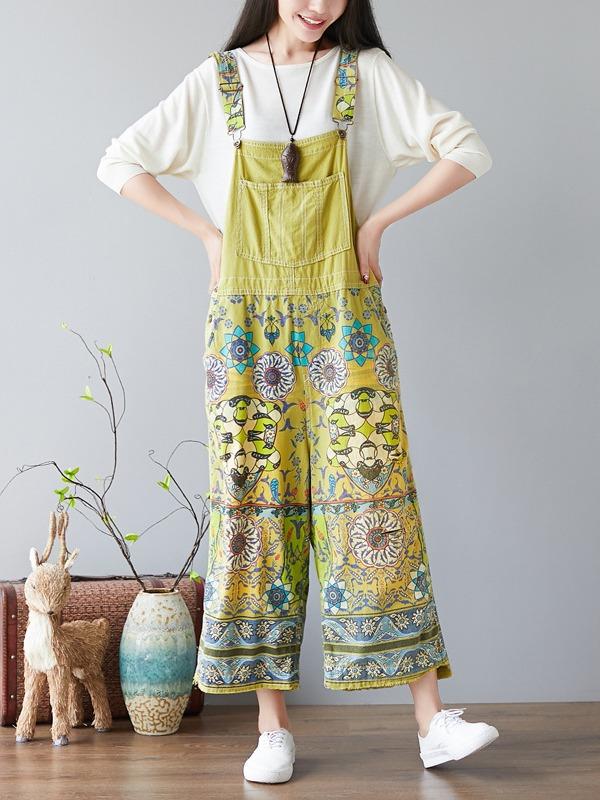 NATIONAL STYLE PRINTED LOOSE JEAN JUMPSUIT - Zebrant