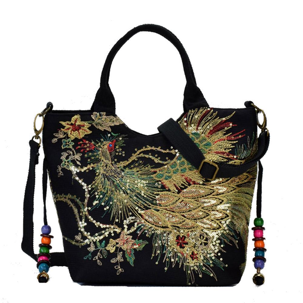 Shiny Sequins Peacock Canvas Women Handbag National PhoenixTravel Bag - Zebrant