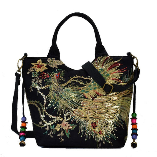 Shiny Sequins Peacock Canvas Women Handbag National PhoenixTravel Bag - Zebrant