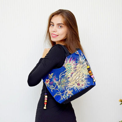 Shiny Sequins Peacock Canvas Women Handbag National PhoenixTravel Bag - Zebrant
