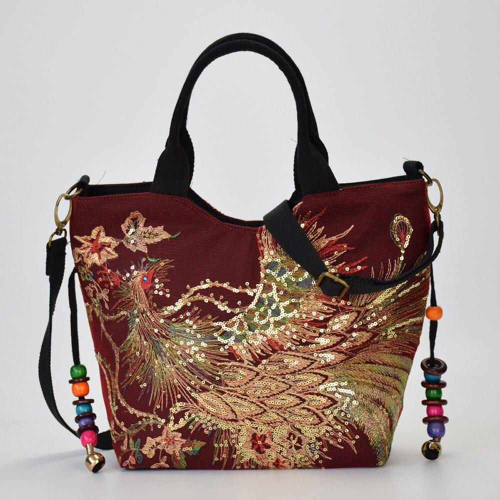 Shiny Sequins Peacock Canvas Women Handbag National PhoenixTravel Bag - Zebrant