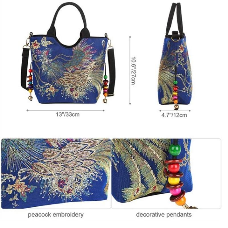 Shiny Sequins Peacock Canvas Women Handbag National PhoenixTravel Bag - Zebrant