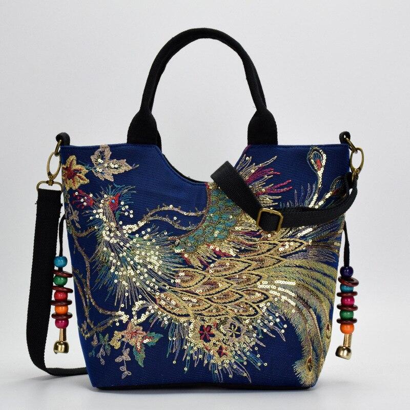 Shiny Sequins Peacock Canvas Women Handbag National PhoenixTravel Bag - Zebrant