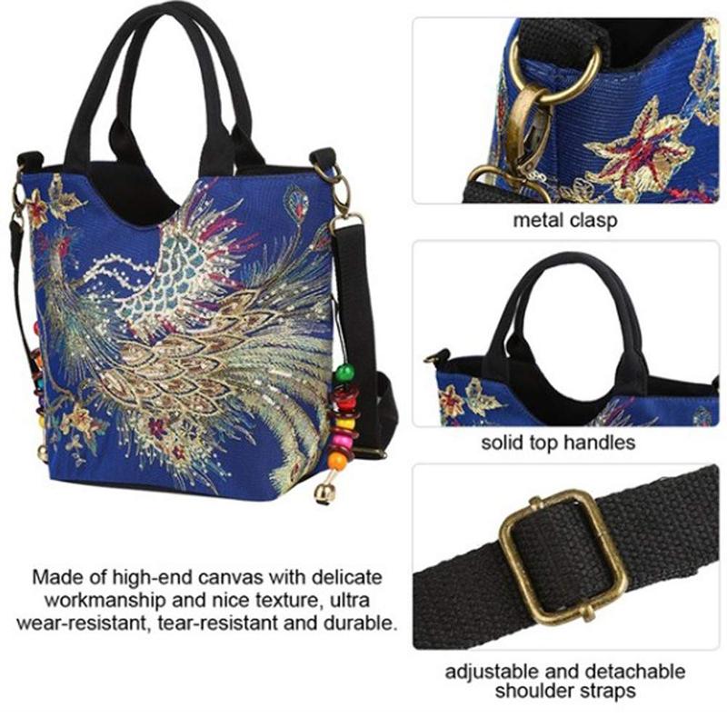 Shiny Sequins Peacock Canvas Women Handbag National PhoenixTravel Bag - Zebrant