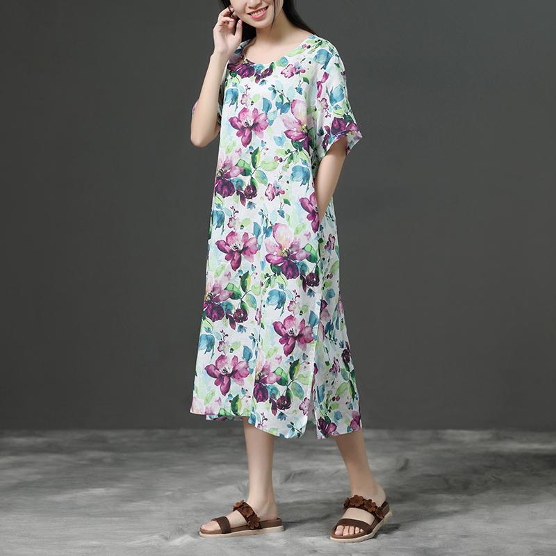 Short Sleeve Casual Loose Flower Linen Dress
