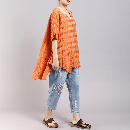 Short Sleeve Casual Striped Irregular Blouse