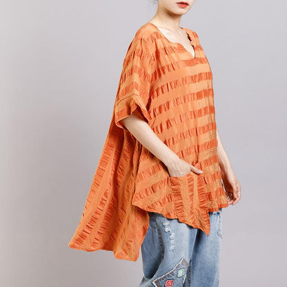 Short Sleeve Casual Striped Irregular Blouse