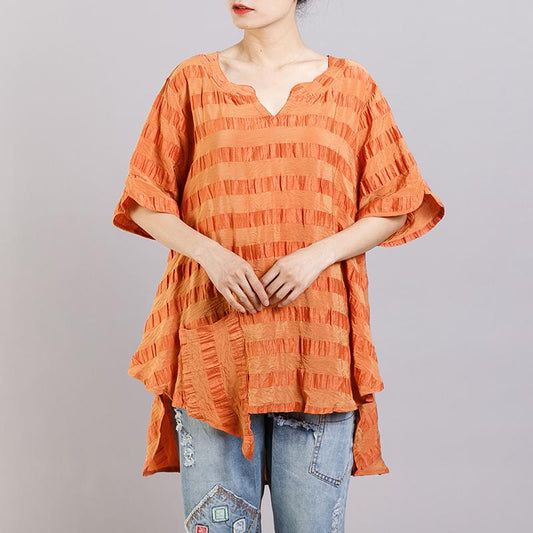 Short Sleeve Casual Striped Irregular Blouse