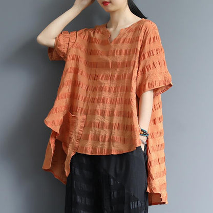 Short Sleeve Casual Striped Irregular Blouse