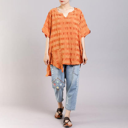 Short Sleeve Casual Striped Irregular Blouse