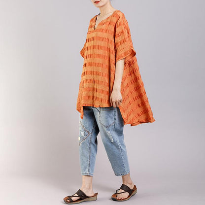 Short Sleeve Casual Striped Irregular Blouse