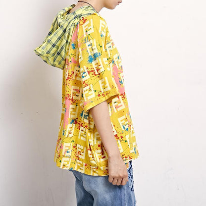 Short Sleeve Plaid Print Casual Hooded Blouse