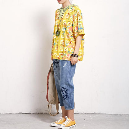 Short Sleeve Plaid Print Casual Hooded Blouse