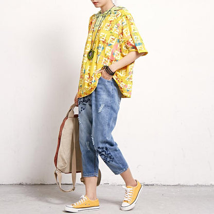 Short Sleeve Plaid Print Casual Hooded Blouse