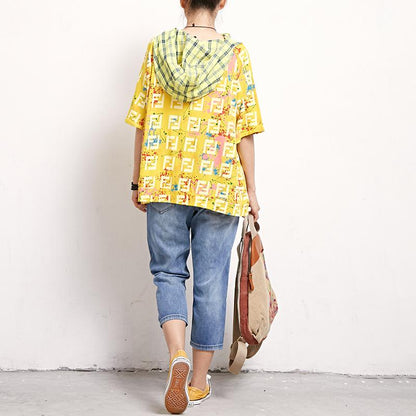 Short Sleeve Plaid Print Casual Hooded Blouse