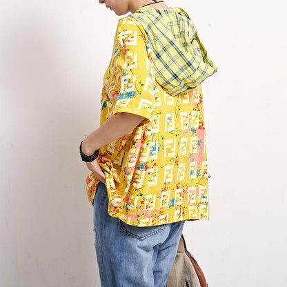 Short Sleeve Plaid Print Casual Hooded Blouse