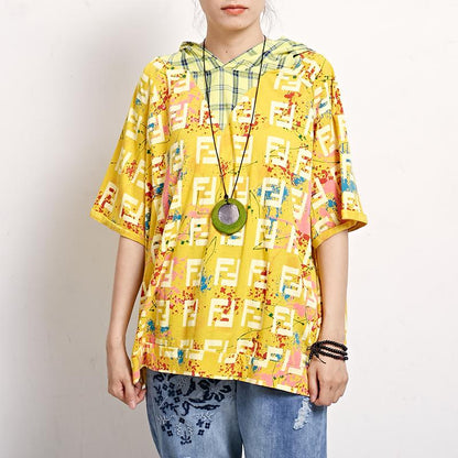 Short Sleeve Plaid Print Casual Hooded Blouse