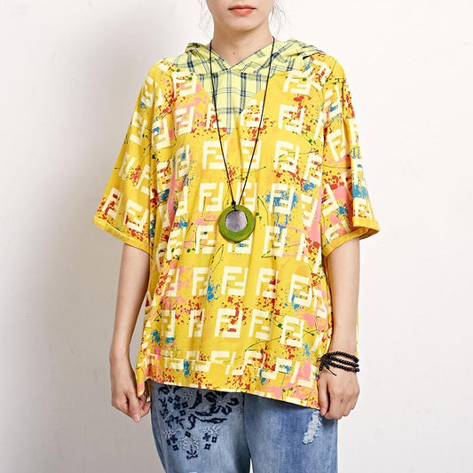 Short Sleeve Plaid Print Casual Hooded Blouse