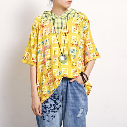 Short Sleeve Plaid Print Casual Hooded Blouse