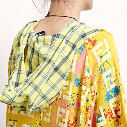 Short Sleeve Plaid Print Casual Hooded Blouse